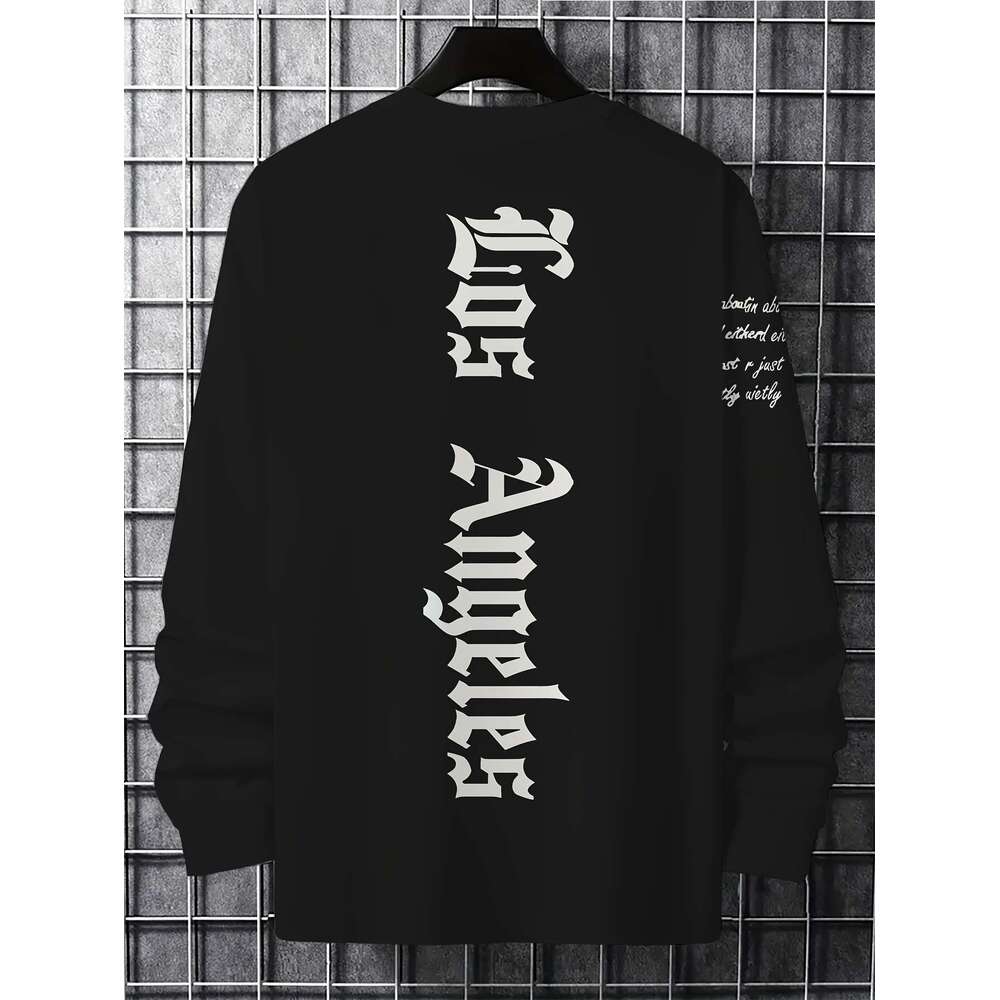 Men's Casual Long Sleeve T-Shirt With Los Angeles Graphic Print - Black & White Gothic Lettering, Round Neck, Hine Washable, Autumn Winter Fashio