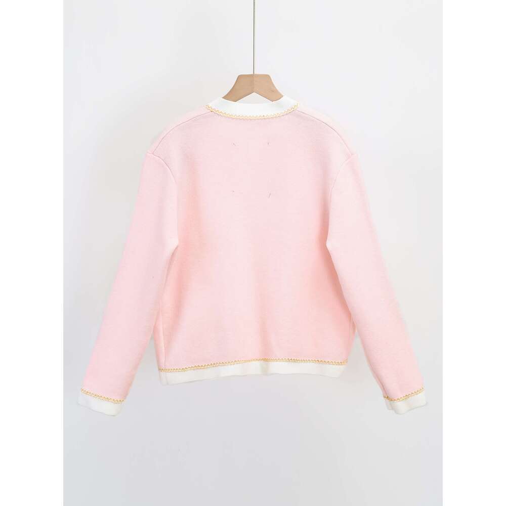 Women's Cardigan Pink Small Wind Round Neck Color-Block Cardigan Women's Fashion Versatile Autumn Top Jacket