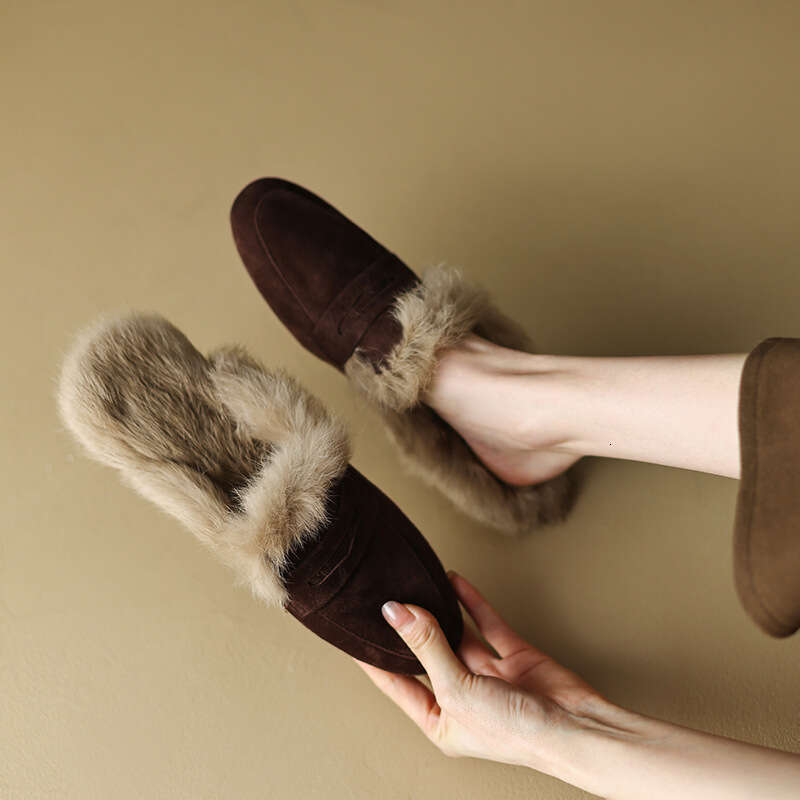 Furry Slippers for Women, Outdoor Loafers, Lazy Half Slippers, French Genuine Leather Mules, Winter Versatile Single Shoes, Large Size