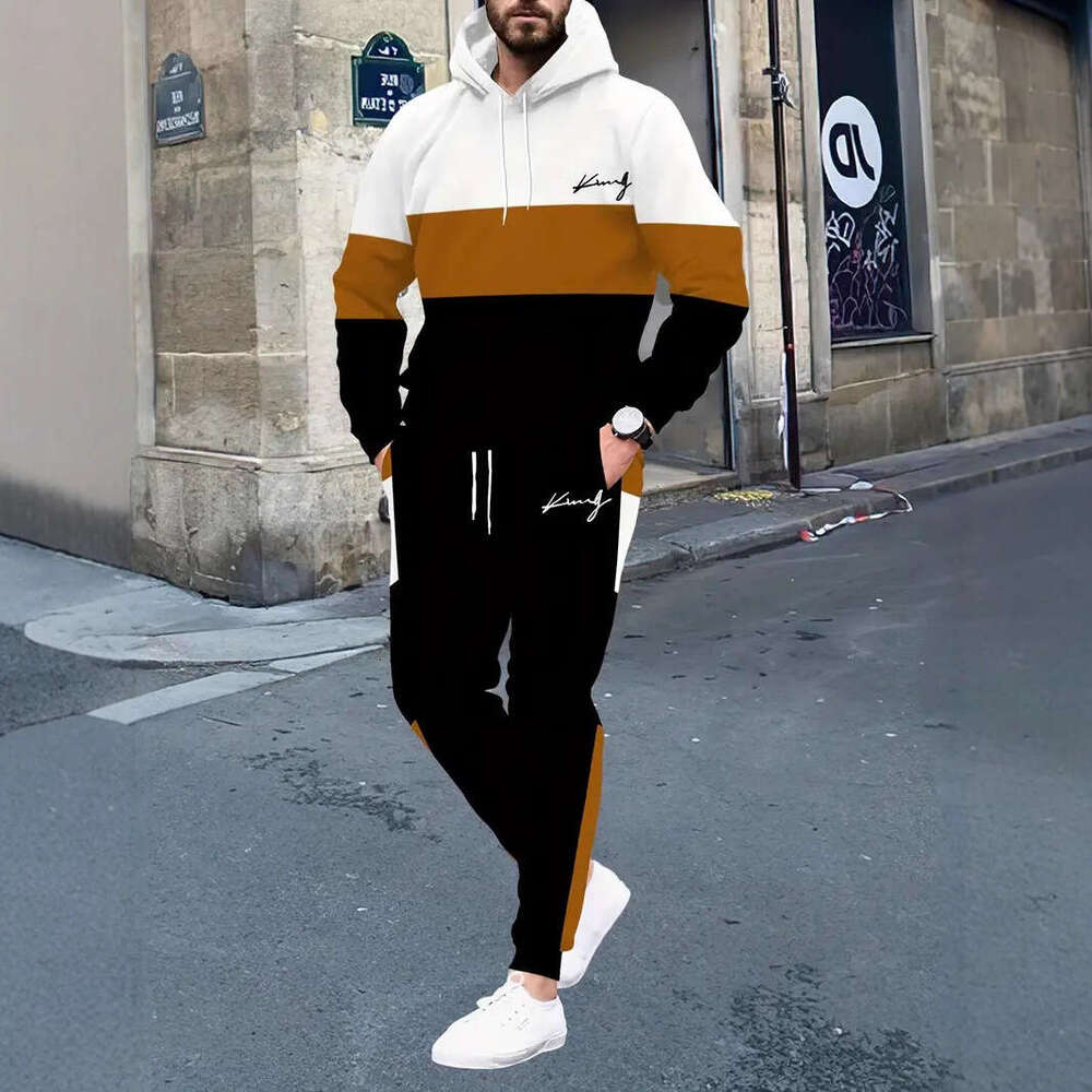 Autumn Winter American Style Hooded 3D Digital Print Sweatshirt Sweatpants Jacket Men's Trendy Hoodie Sports Set Men