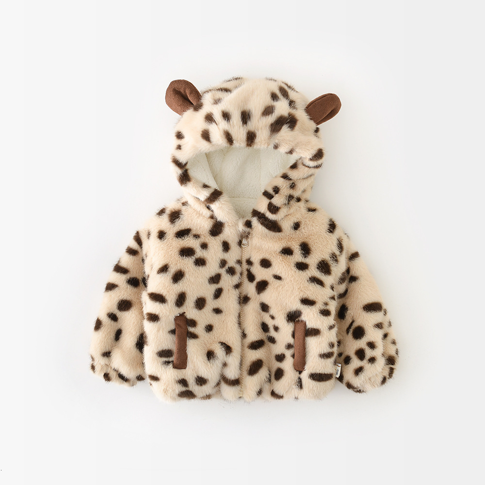 New hot selling boy and girl fur sweater jacket with fashionable leopard print wool lining, thickened autumn and winter hooded baby cotton jacket