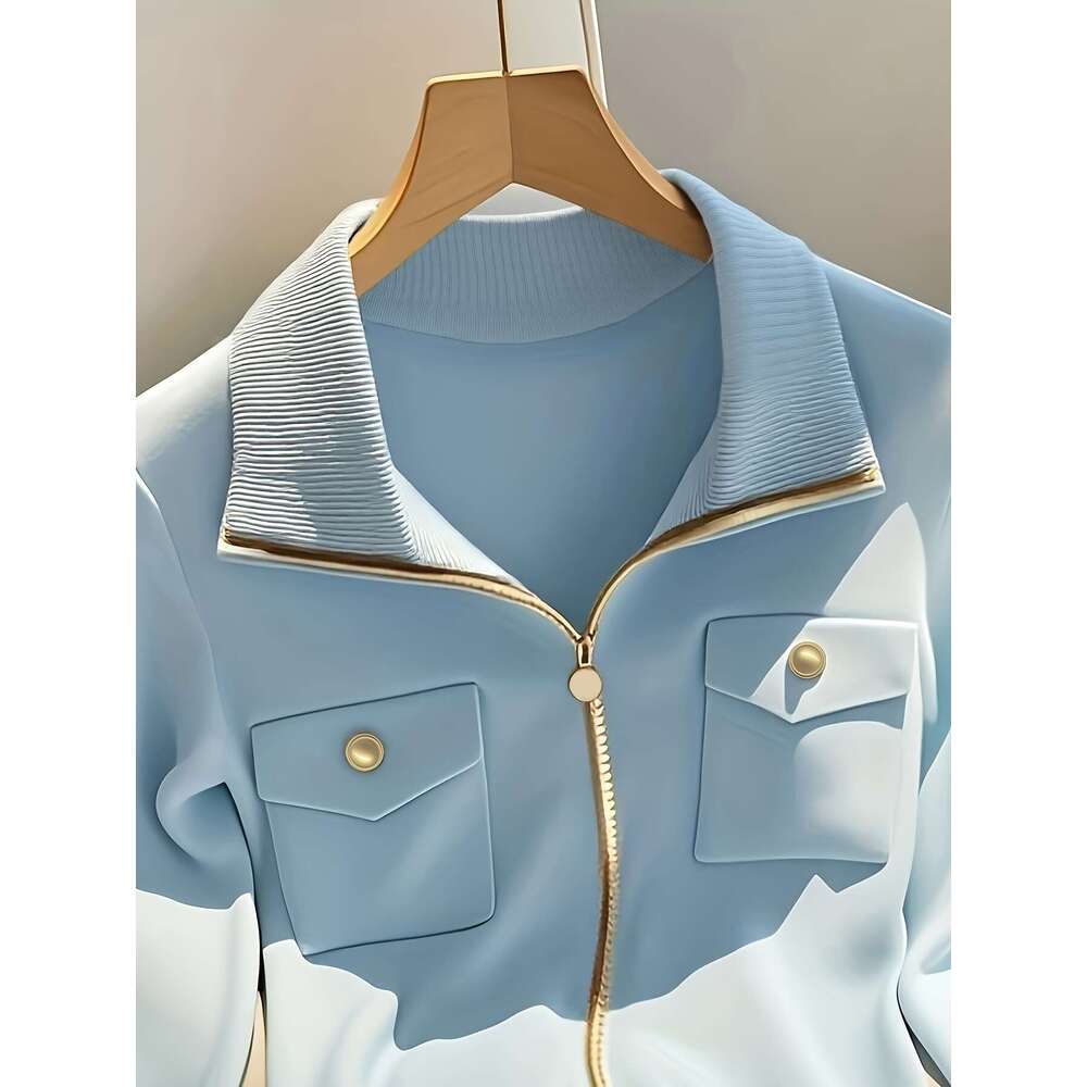 Elegant Cardigan Chic Elegant High-Neck Zip-Up Cardigan Women | Long Sleeve Sweater With Chain Detail, Solid Blue, Perfect For Fall/Winter