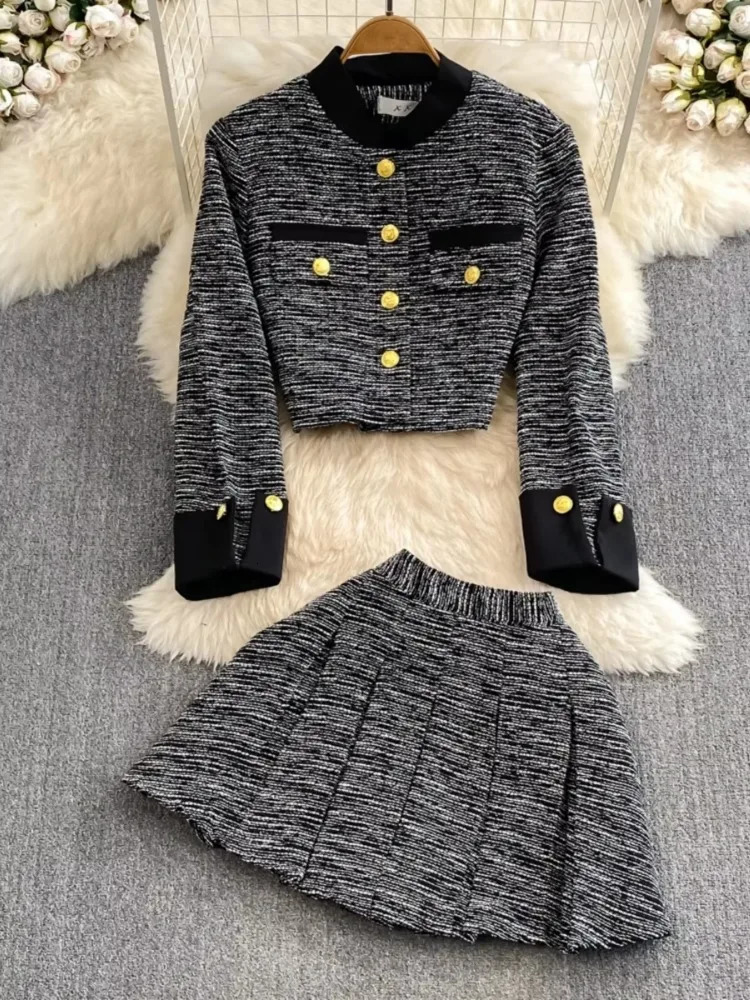 Fashion Set for Women Autumn Winter Tweed High Collar Short Wool Jacket TwoPiece HighWaisted ALine Pleated skirt suits 251023