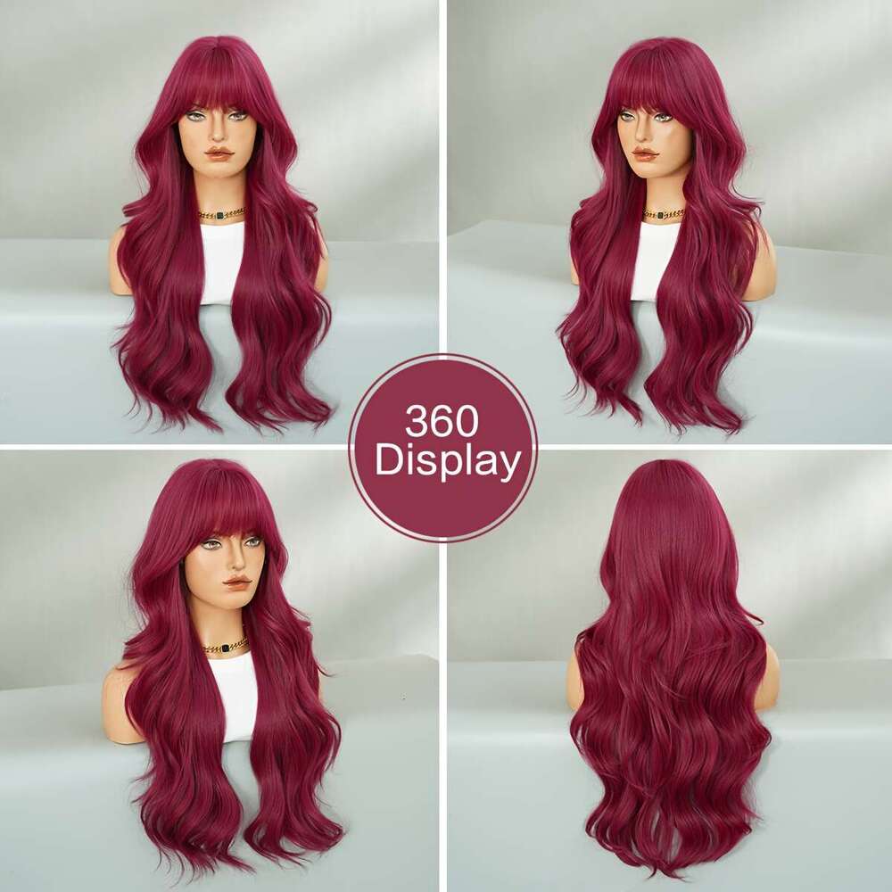 NAMM Women's Long Body Wave Purple Red Cosplay Wig With Neat Bangs Heat-Resistant Synthetic Fiber, High Density 150%, Glueless Rose Net Cap For H