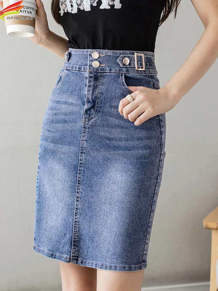 Autumn Plus Size Skirt For Women High Waist Large Slit Black Or Blue Jeans Skirts Korean Fashion Slim Jupe Femme 251027