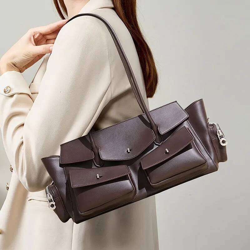 Genuine Leather Ladies' Shoulder Bag with Multiple Pockets - Classic Vintage Style