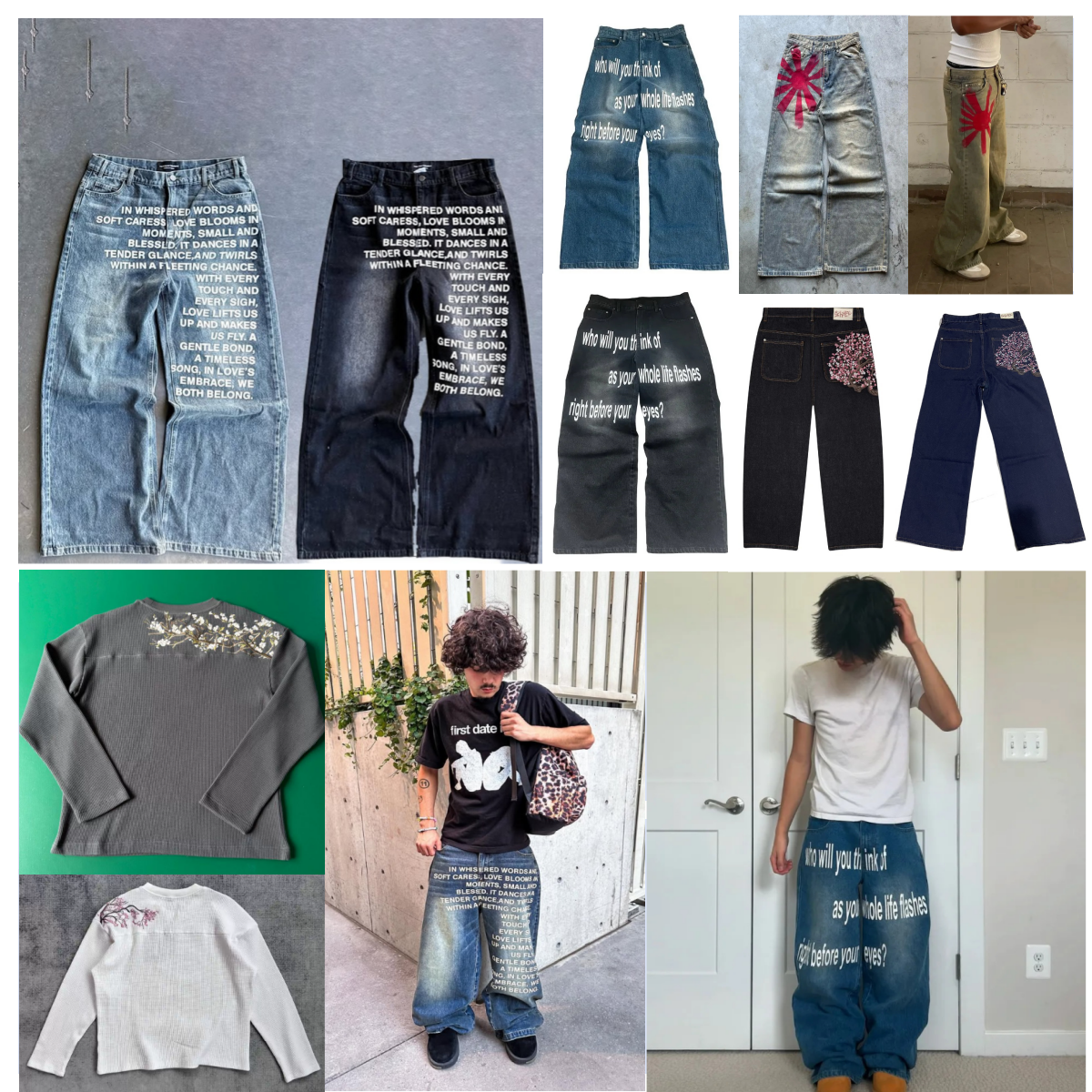 Men's Jeans Letter Prints And Plum Blossom Embroidery Patches American Y2K Hip Hop Printing Straight Men Street Casual Loose Oversized Mopping Wi