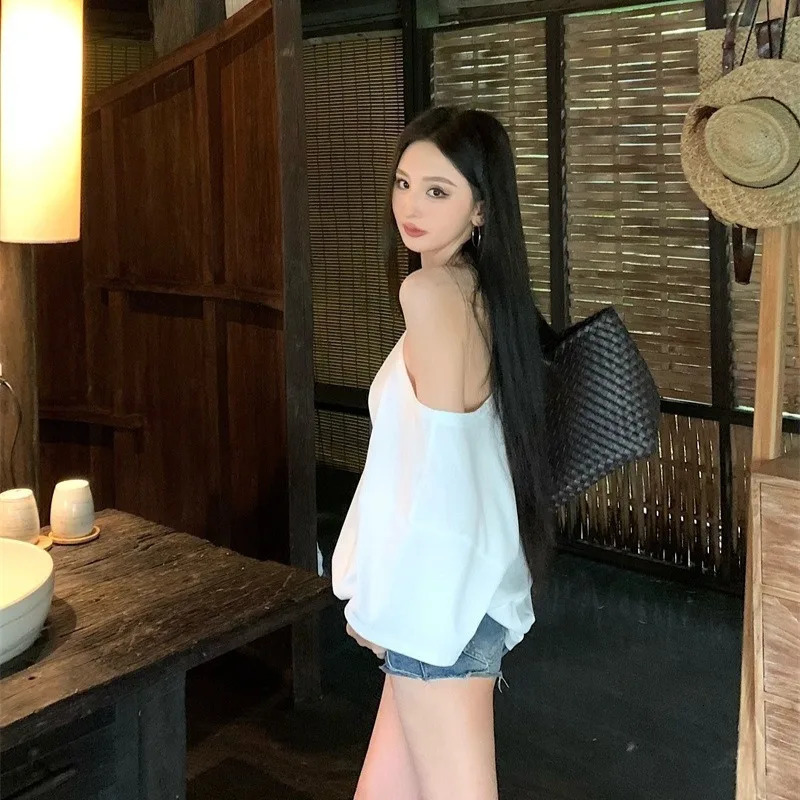 Women Print Short Sleeve One Shoulder Tshirt Street Style Tee Vintage Streetwear Korean Summer White T Shirt 251027