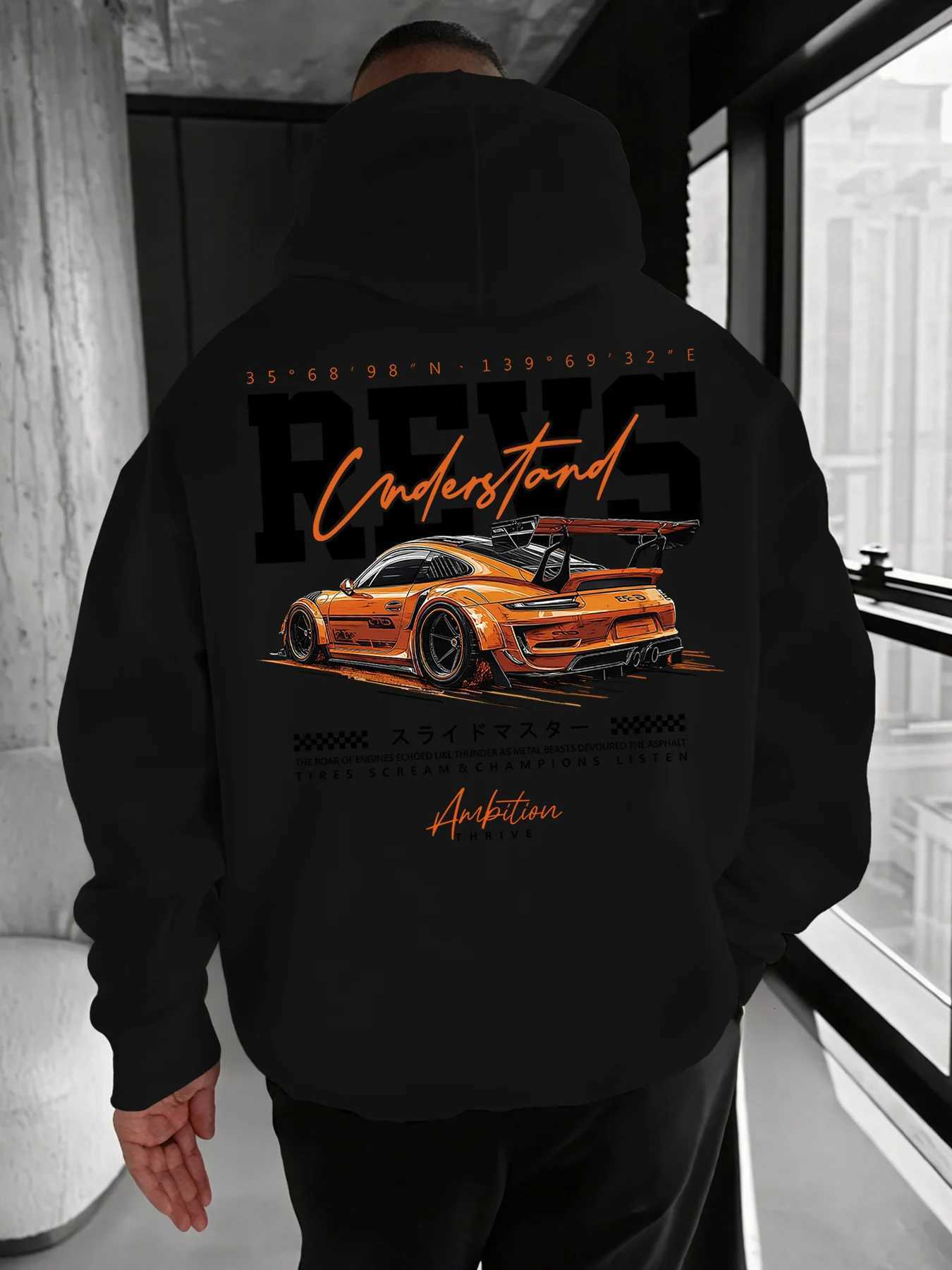 Mens Black Hoodie with White JDM Car and Pink Cherry Blossom Back Print Japanese Street Style Pullover W251027