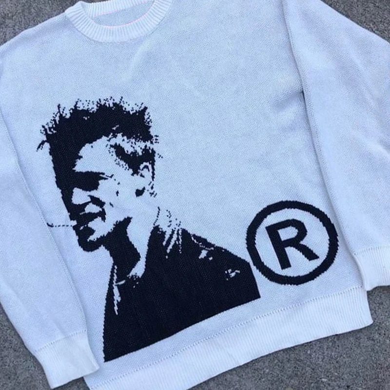 BIG PROMOTION Y2K Mens AutumnWinter Gothic Vintage Head Pattern Pullover High Quality Knitted Round Neck Casual Sweater 251024