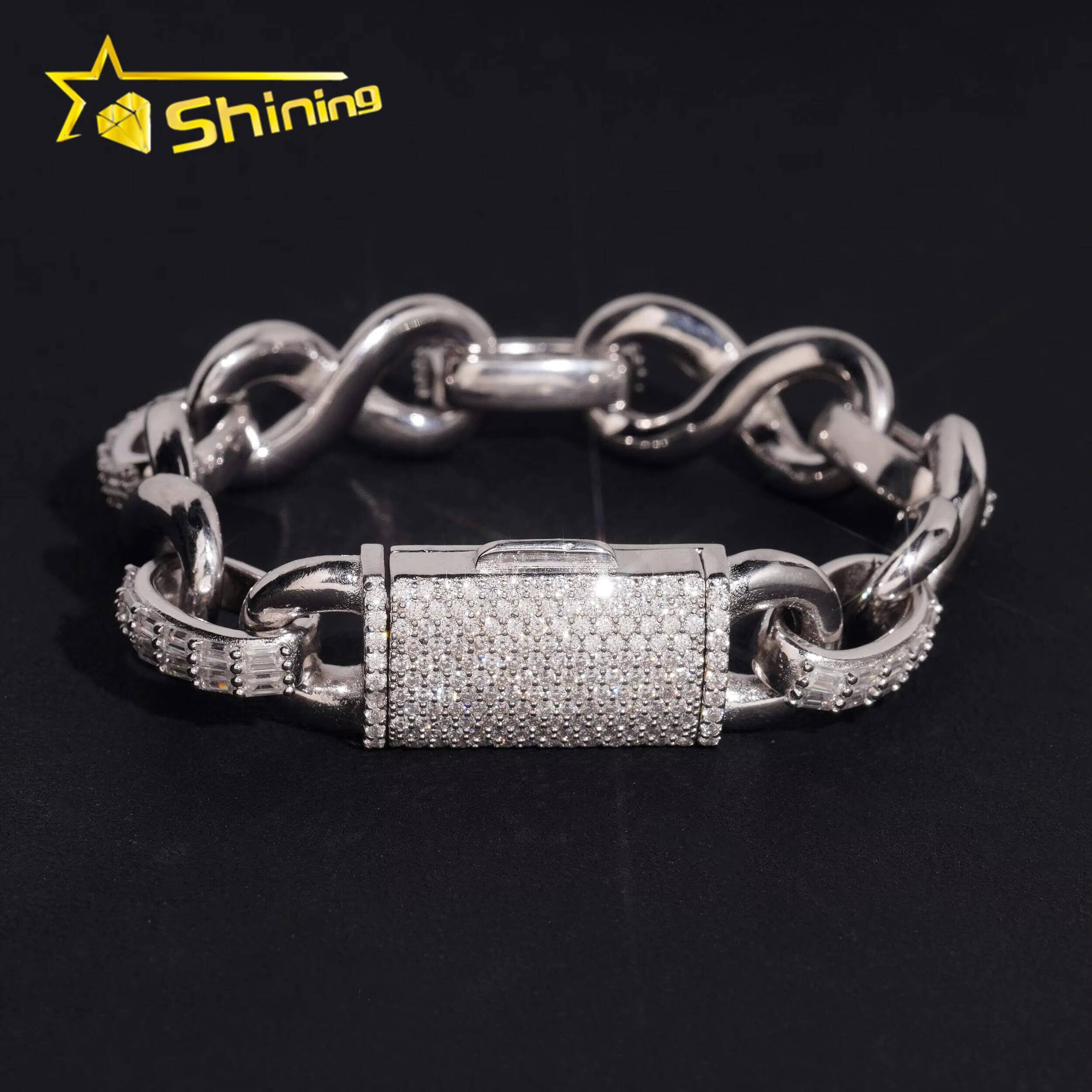 GRA Certificate Luxury Hip Hop 15mm 925 Silver Baguette VVS Moissanite Infinity Men Diamond Bracelet