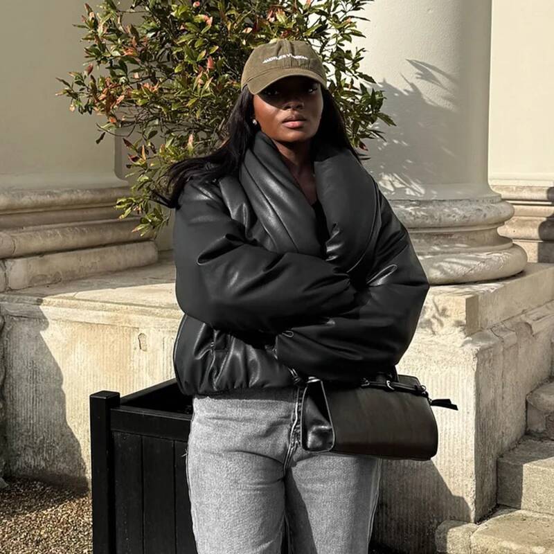 winter jacket women CUTENOVA Women'S Fall/Winter New Arrival Leather-Trimmed Stand Collar Solid Color Loose-Fit Cropped Crop Top Cotton Jacket