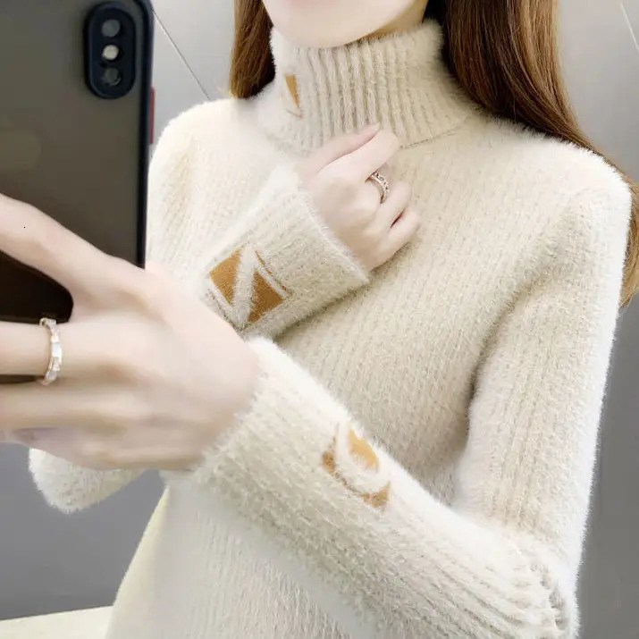 High Collar Pullover Sweater Women Mink Letter Jacquard Underlay Solid Western Knit Undercoat Autumn Winter Pullover Sweater 251027