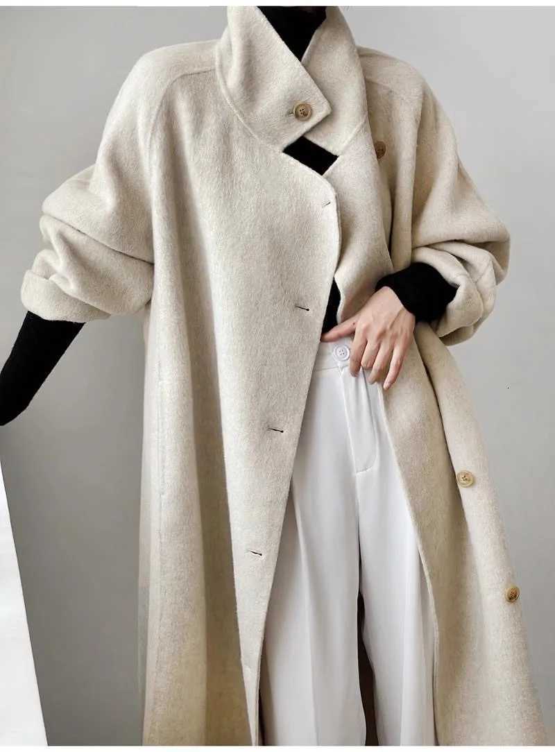 Advanced Gray Standing Collar Long Woolen Coat For WomenS Autumn And Winter Clothing New Fashionable DoubleSided Woolen Coat M251027