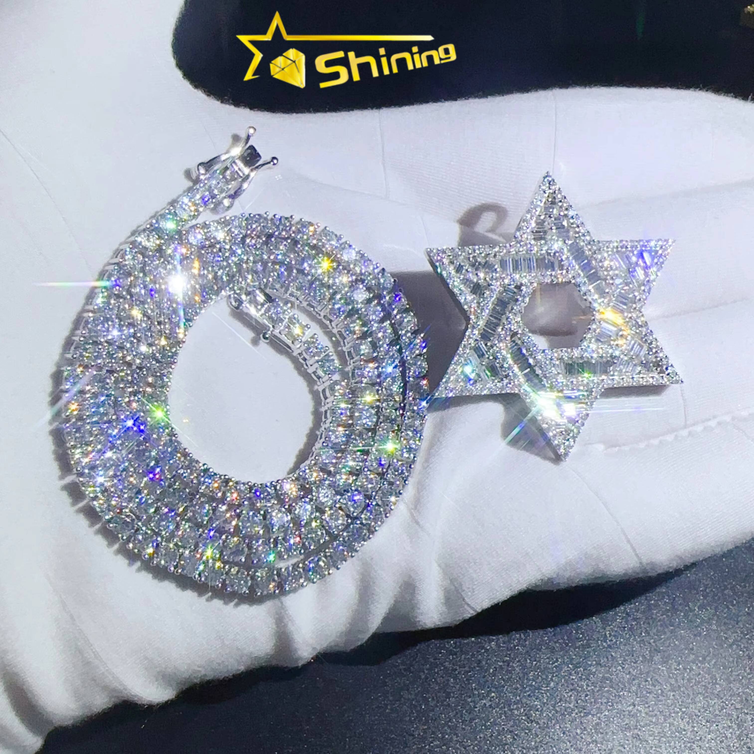 Unique Design Iced Out Moissanite Jewelry Hip Hop Hexagon GRA Certified Vvs d Moissanite Out Tennis Necklace Star Pendant