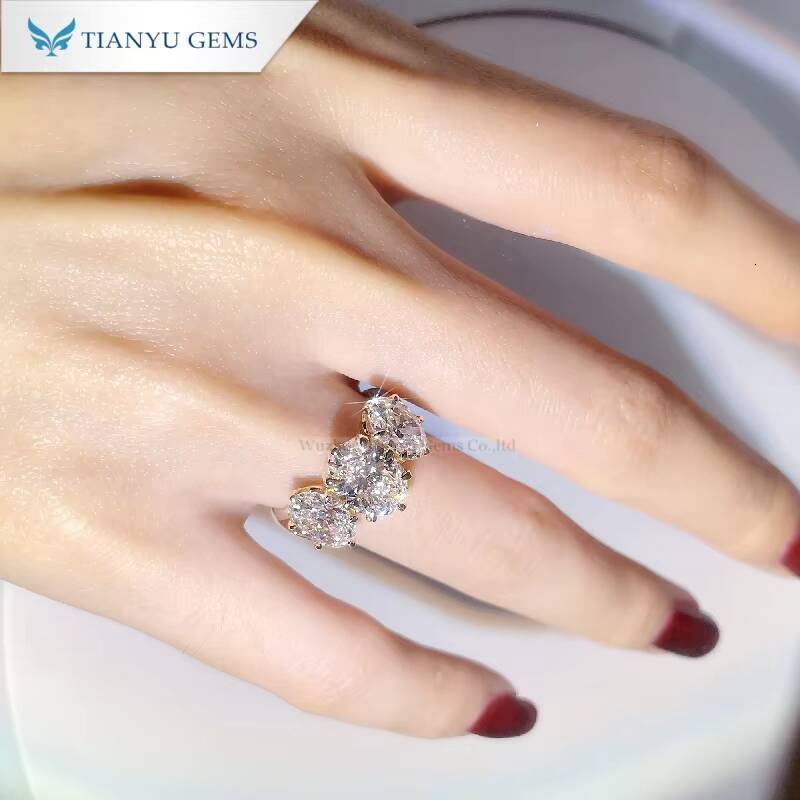 Tianyu Gems Yellow Gold Oval Cut Moissanite Three Stones Engagement Ring