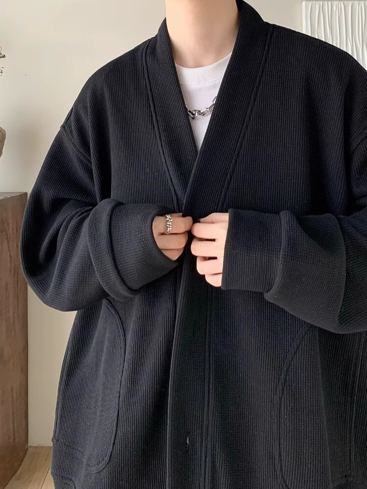 V-neck Waffle Jacket Lazy Style Spring And Autumn Handsome Men's Suit High-end Casual Designer Sweater Jacket For Men