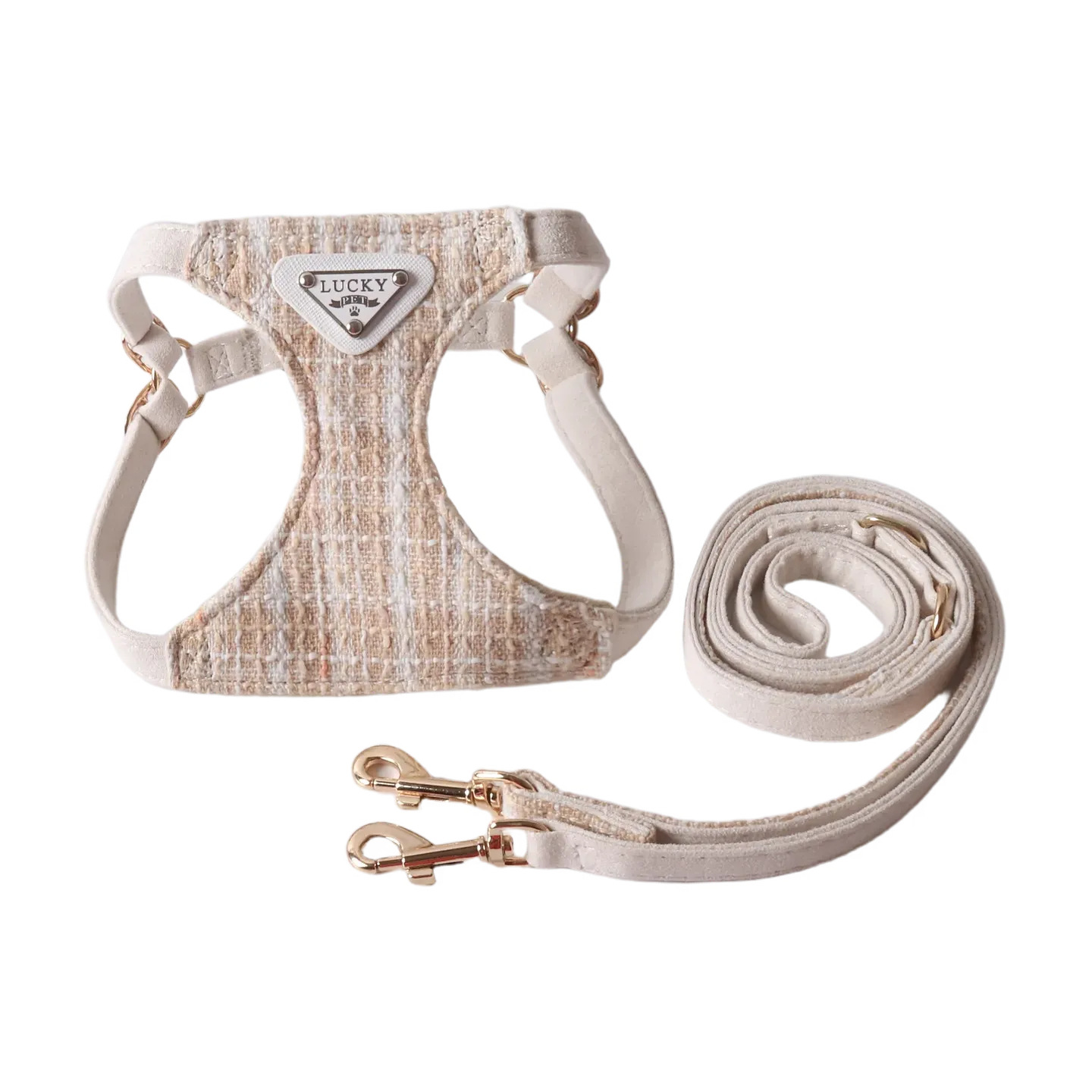 Tweed Pet Harness and Leash Set with Triangular Accent - Breathable Mesh Walking Vest with Double Hooks, Stylish Adjustable Harness for Small Medium D