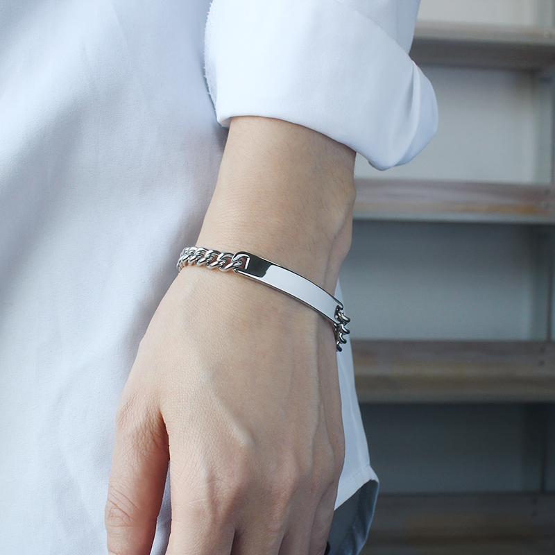 PVD Stainless Steel Custom Name Engraved Couple Silver Bracelet Cuban Link Chain Personalized ID Bar Bracelet for Men Women