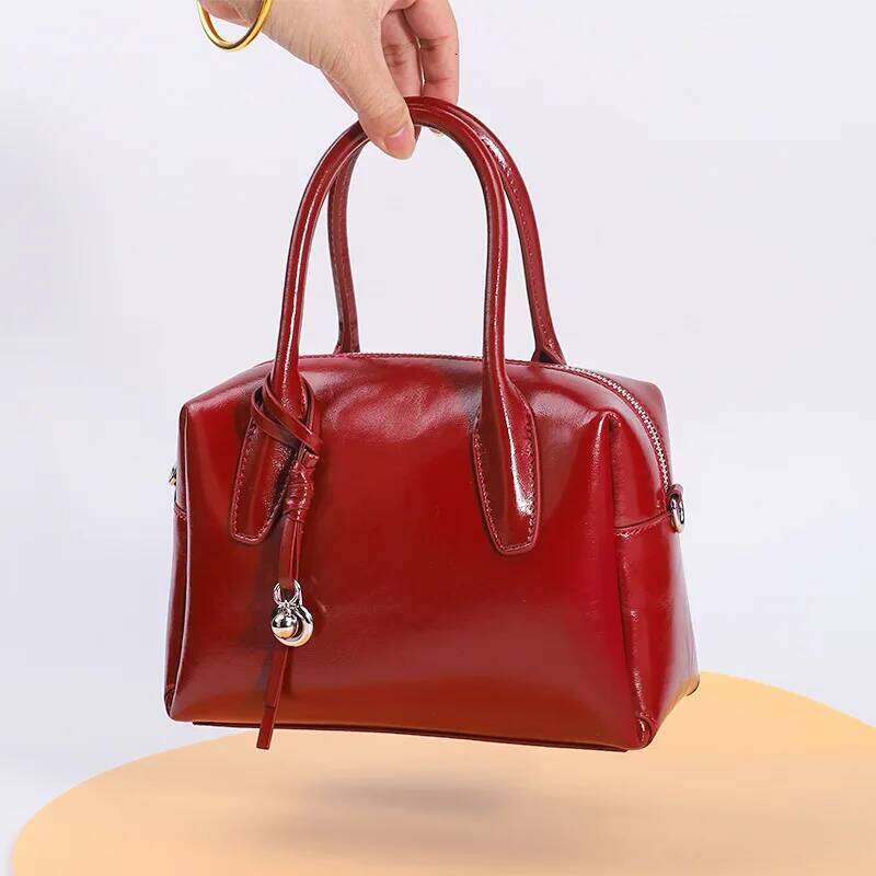 Women's Bowling Cowhide Leather Design Women Handbag Woven Shoulder Crossbody Ladies Commuter Shopping Boston Bag