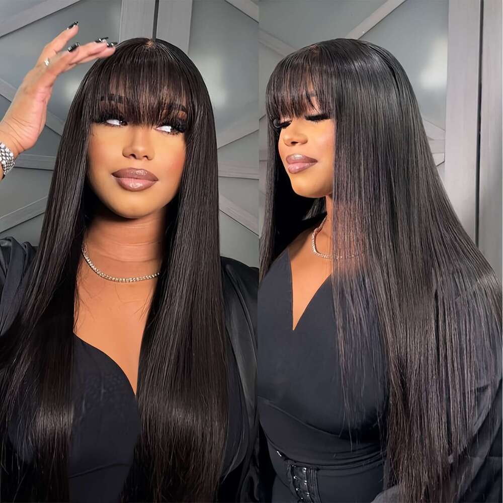 Elegant 26-Inch Long Straight Synthetic With Bangs - Heat Resistant Fiber, Versatile Black Hair For Daily Use & Cosplay Parties, Women's Closed N