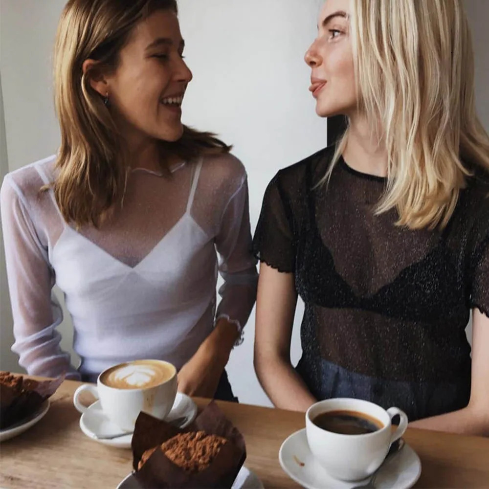 Sexy Mesh Shiny Long Sleeve T Shirt Women Spring Transparent Club Party Black Tee Shirts Sexy Thin O Neck Short Tops 251027