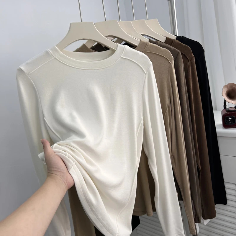 Slim Fit Striped Pit Solid Basic Tops Round Neck Long Sleeved Tshirt Womens Spring Autumn Inner Layup Bright Thread Tee 251027