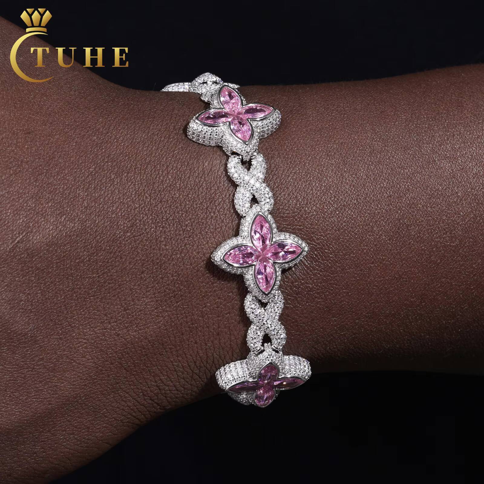 Fashion 21mm 925 Sterling Silver Colorful Marquise CZ VVS Moissanite Diamond Four Leaf Clover Infinity Cuban Link Bracelet