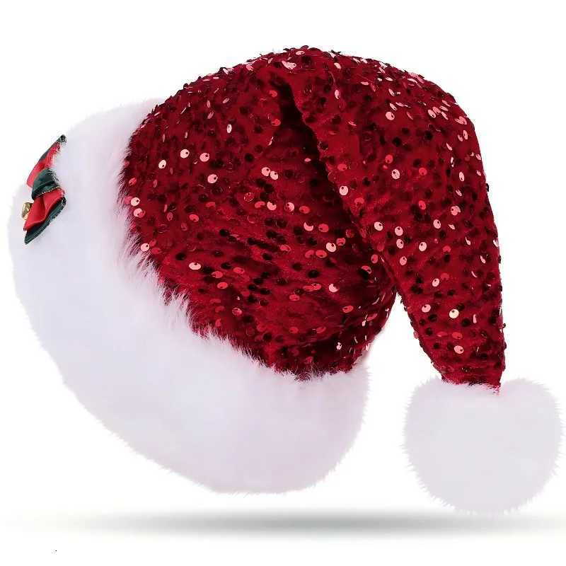 Christmas Hat with Red Green Bow Double Plush Decorative Hat Christmas Plush Thickened LengthW251027