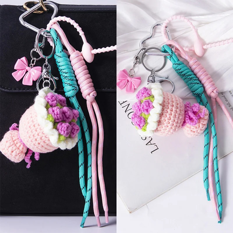 M Style Bow Knot Braided Rope Handmade Bouquet Mini Creative Wool Crochet Keychain Handbag Shoulder Bag Accessories Pendant Gift 251023