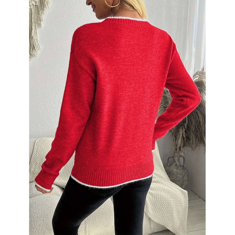 European American Autumn And Winter Pullover Knitted Sweater With Snowflake Jacquard, Round Neck Women's Top.