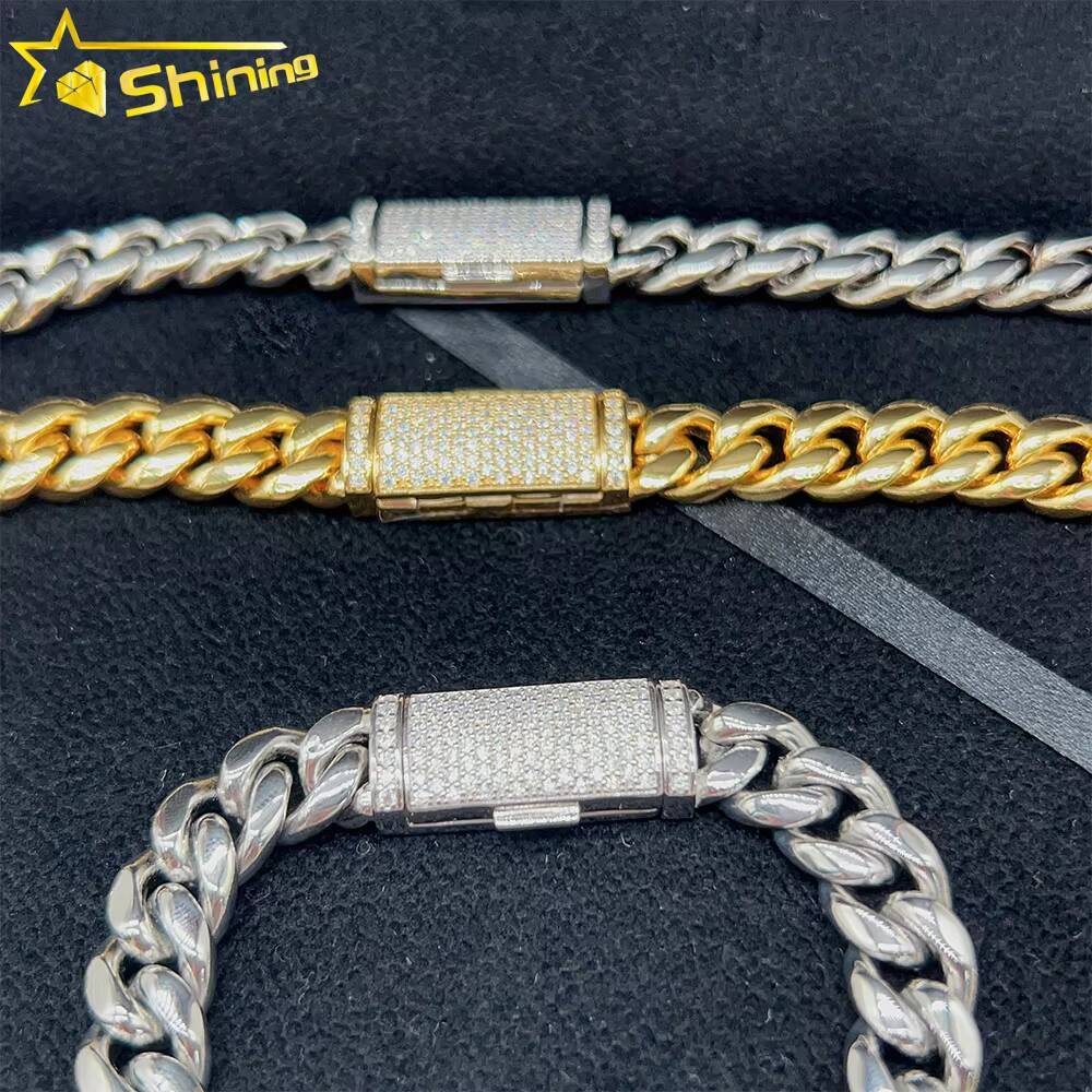 Hot Sale Miami Cuban Chain Stainless Steel Silver Moissanite Lock High Quality 10mm 12mm 14mm 18mm Cuban Necklace Bracelet