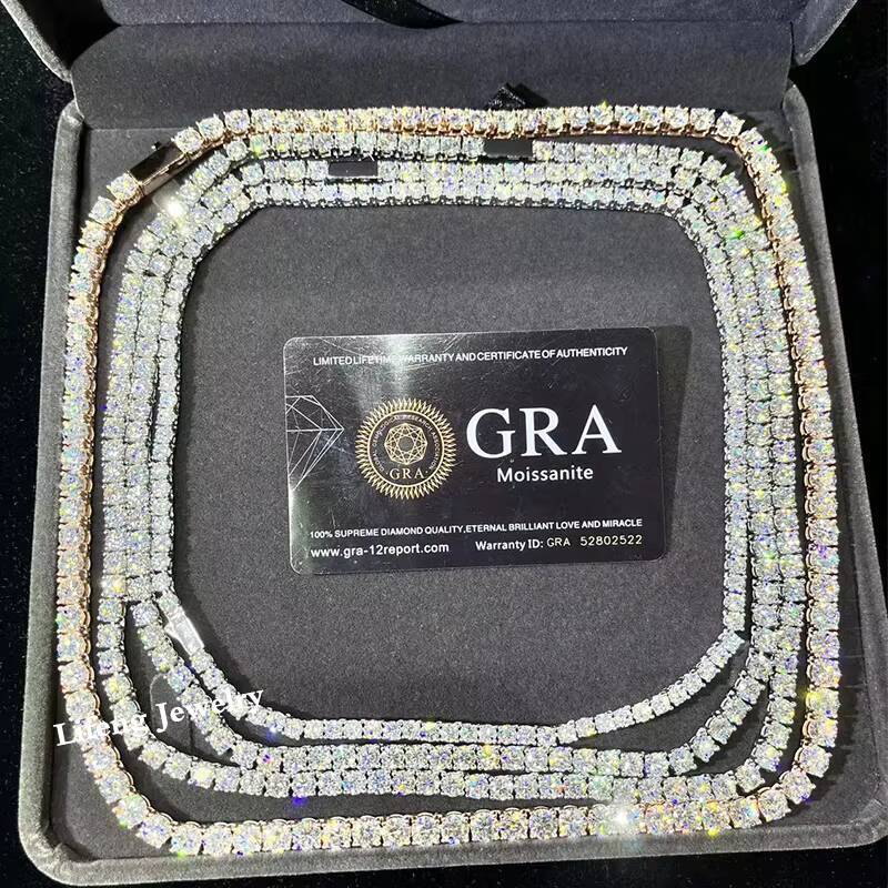 Luxury VVS Moissanite Tennis Chain Diamond 925 Silver Full Iced Out Hip Hop Tennis Chain Moissanite Necklace