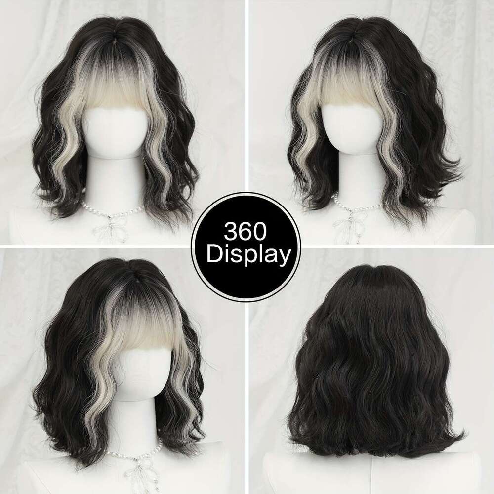 7Jhh WIGS Women's Bob With Bangs - High-Density Loose Wave Gradient Black To Siery White, Heat-Resistant Synthetic Daily Party Use, 14 Inch Rose 