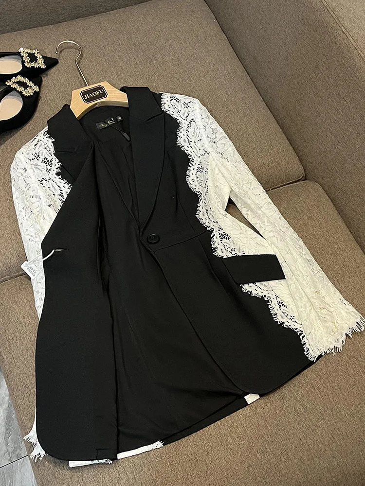 HIGH STREET est Fashion ner Jacket Womens Stylish Color Block Lace Patchwork Blazer 251027