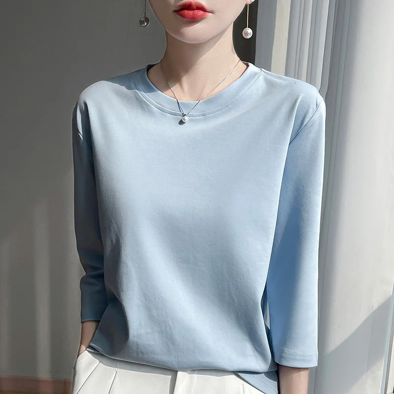 Mercerized Cotton Cropped Sleeve Female Spring And Summer Round Neck Loose 100 Cotton Short Sleeve Bottoming TShirt 251027