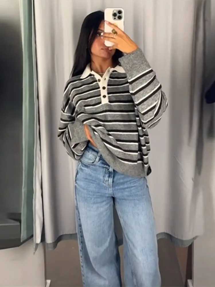 Polo Collar Striped Pullover Sweater Loose Long Sleeve 2025 Autumn Daily Cozy Women Knit Top Trendy Chic Casual Lady KnitwearT251027