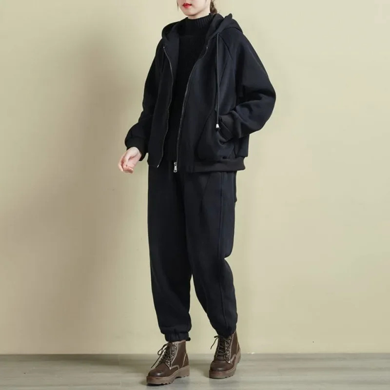 Women Clothing Sets Zipper HoodiesHarem Pants 2Pcs Suit Solid Color Autumn Winter Fleece Thicken Warm Female Casual Tracksuit 251027