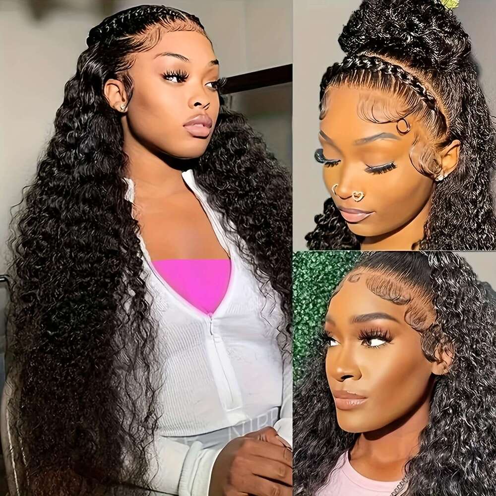 Black 200% Density Long Heat Resistant 13X4 Front Women - Pre-Plucked Hairline, 24 Inch Deep Water Wave Synthetic Lace Frontal With Transparent HD Lac