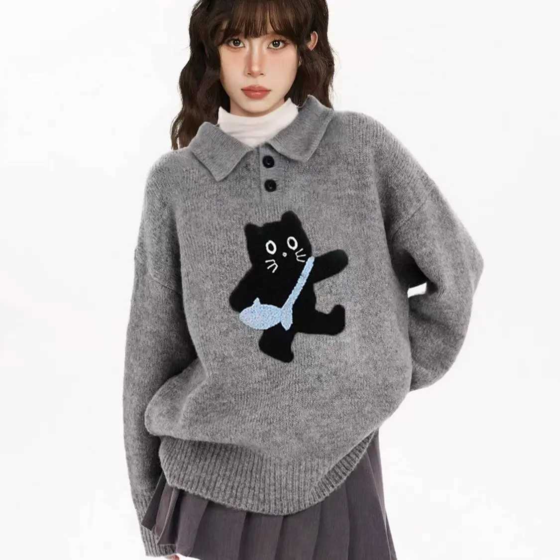 Gray Polo Cat Sweater Women Winter Knit Pullover with Collar Y2K Oversized Lazy Style Top Thickened Plush Crewneck Feline PT251027
