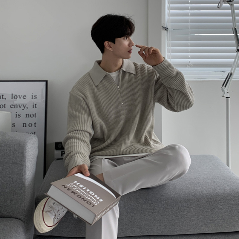 Artistic Knitted Sweater For Men Turn-down Collar Sweater Loose Fit Men's Designer Sweater Clothing Half-zip Polo Collar Spring Autumn Jacket Ver