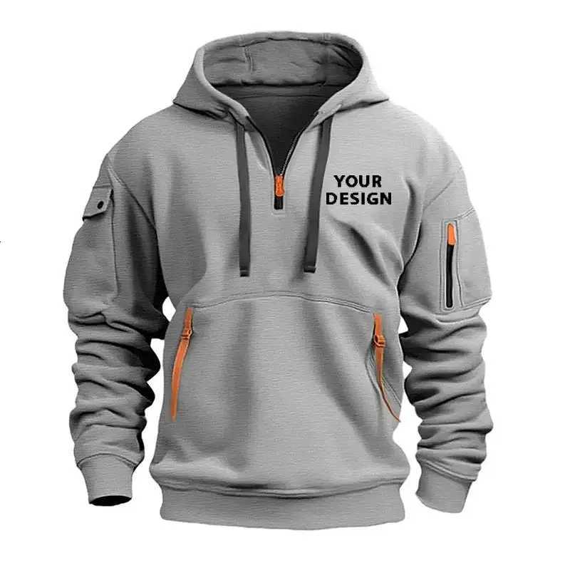 European New Mens Sports Zipper Arm Pocket Loose Casual Sweatshirt Customize Your Dropped Shoulder Hooded Jacket Pullover W251027
