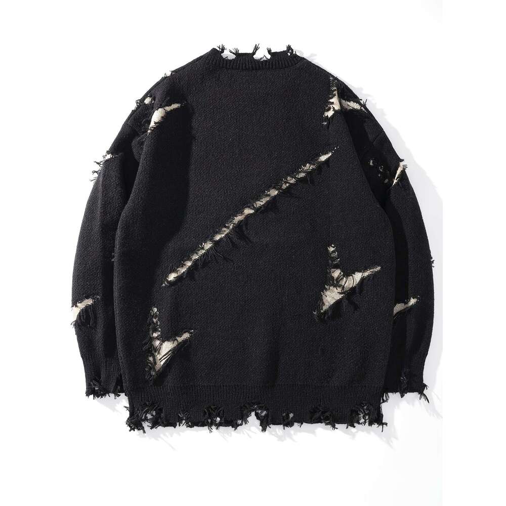 Men's Casual Streetwear Sweater - Relaxed Fit Drop Shoulder, Distressed Letter Embroidery & Ripped Details, Long Sleeve Pullover For Autumn Winte