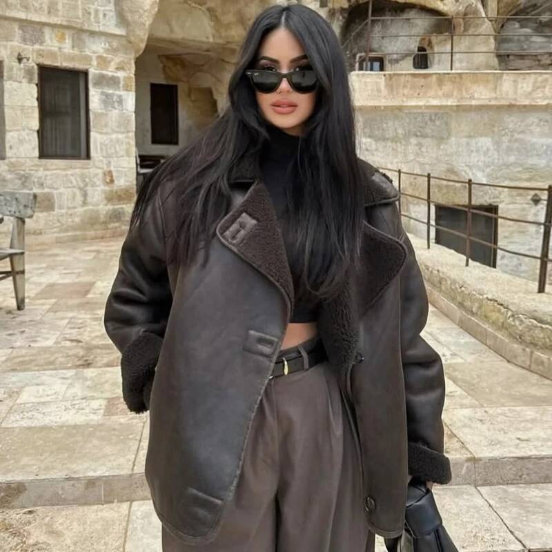 winter jacket women HXAO Women's Jackets Winter Female Leather Faux Fur Coat Button Crop Outerwears Windbreak Waterproof Brown Long Sleeve Tops