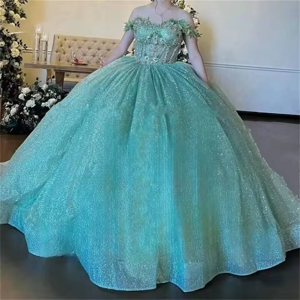 Ball Gown Quinceanera Dresses Green Princess XV Glittering Cinderella Off Shoulder Plus Size Customized Sweet 15 16 Birthday Party Gowns Vestidos De 1