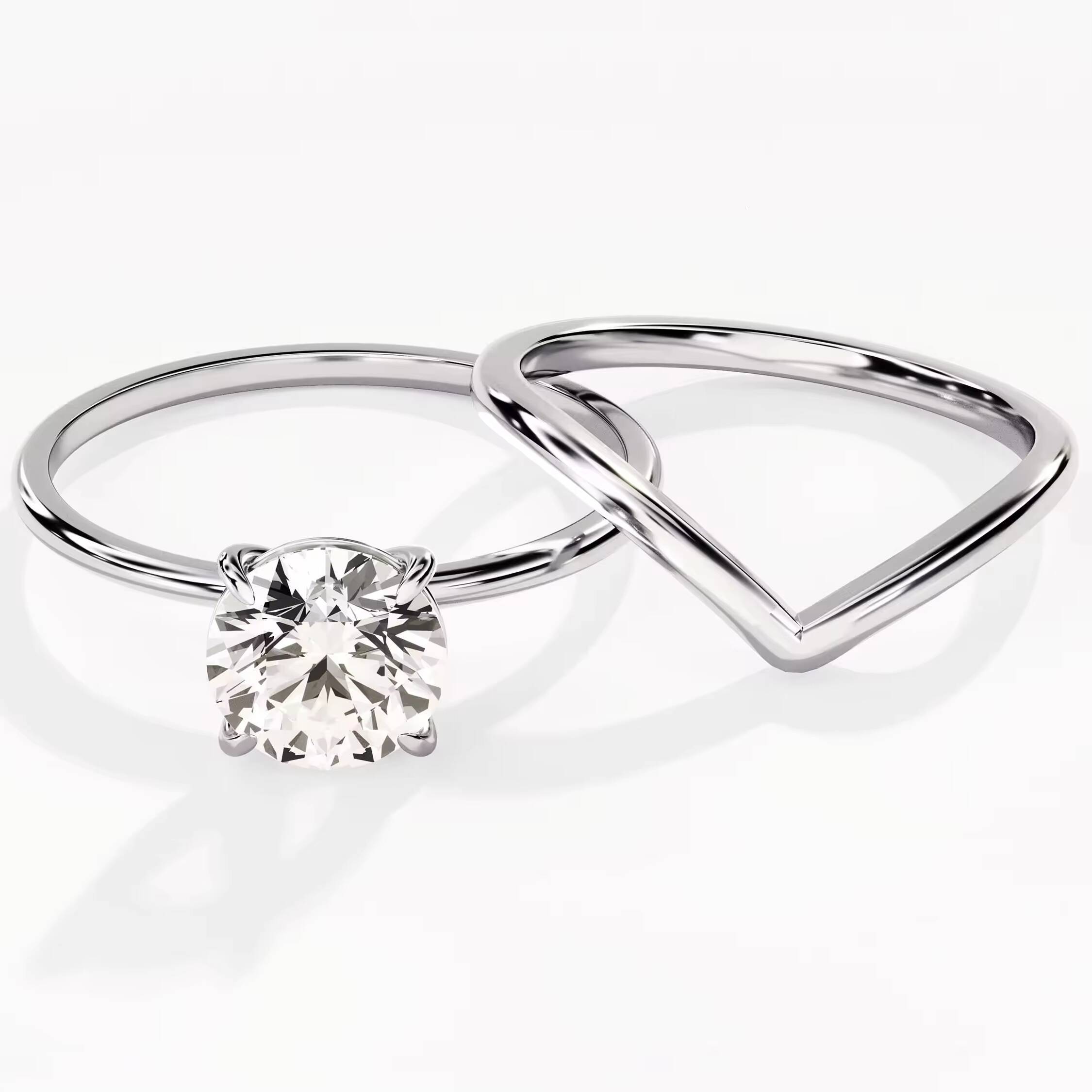 14k Gold Diamond Bridal Set Solitaire 15 CT Round Diamond Engagement Ring and Curved Wedding Band Set for Women