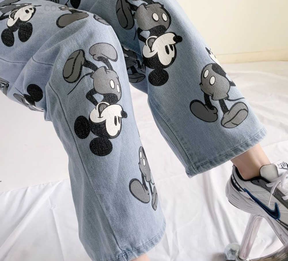 Disney Cute Trendy Cartoon Print Mickey Mouse Jeans for Women New Couple Casual Wide Leg Denim Pants Autumn Trousers Clothes H251027