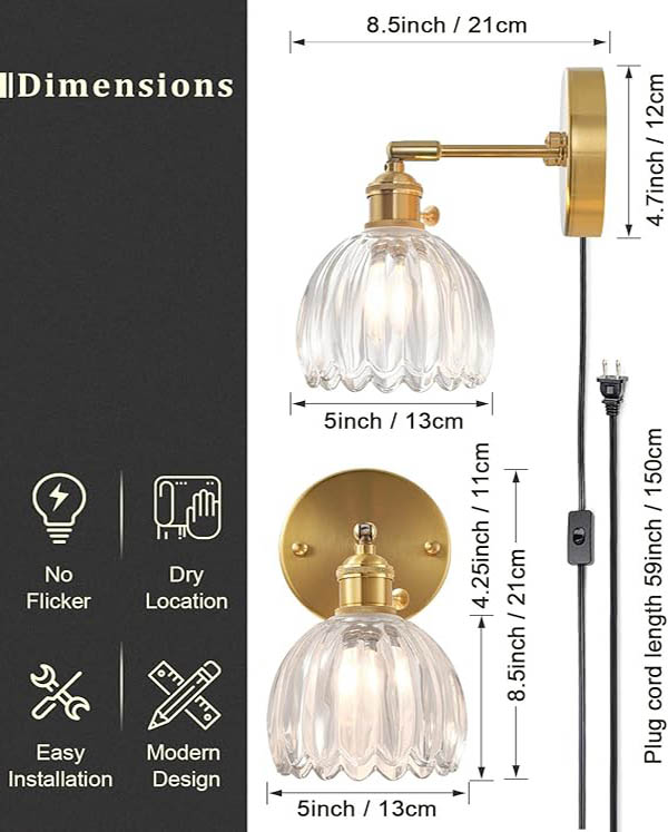 Plug in and Hardwired Wall Sconces, Luxury Vintage Tulip Crystal Glass Shade Wall Light with Switch for Bedside Bedroom Living Room