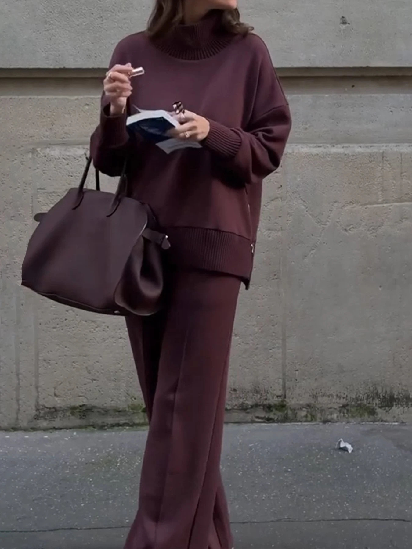 Womens Suede TwoPiece Set LongSleeved Slit Hoodie and WideLeg Pants Suitable for Autumn Winter Seasons 251027