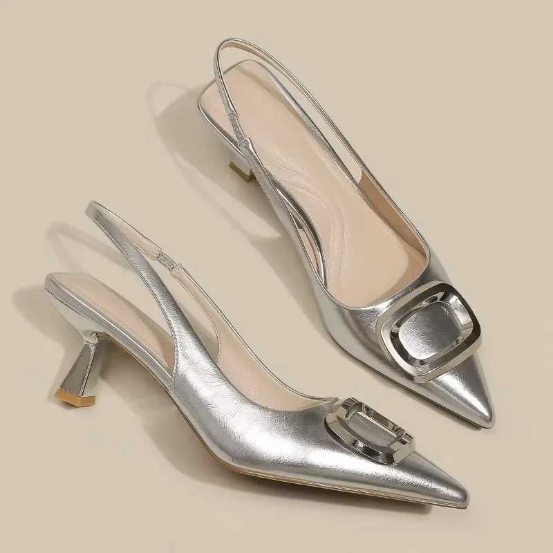 Brand Woman Slingback Shoes Fi 2024 Spring New Ladies High Heels Elegant Med Heel Pointed Toe Slip Sandal MulesXJ251027